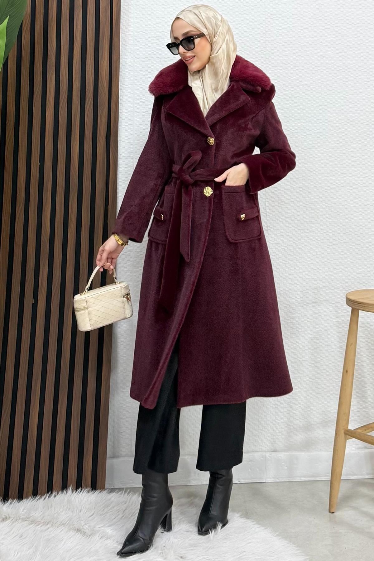 Meleni Kaşe Kaban Bordo