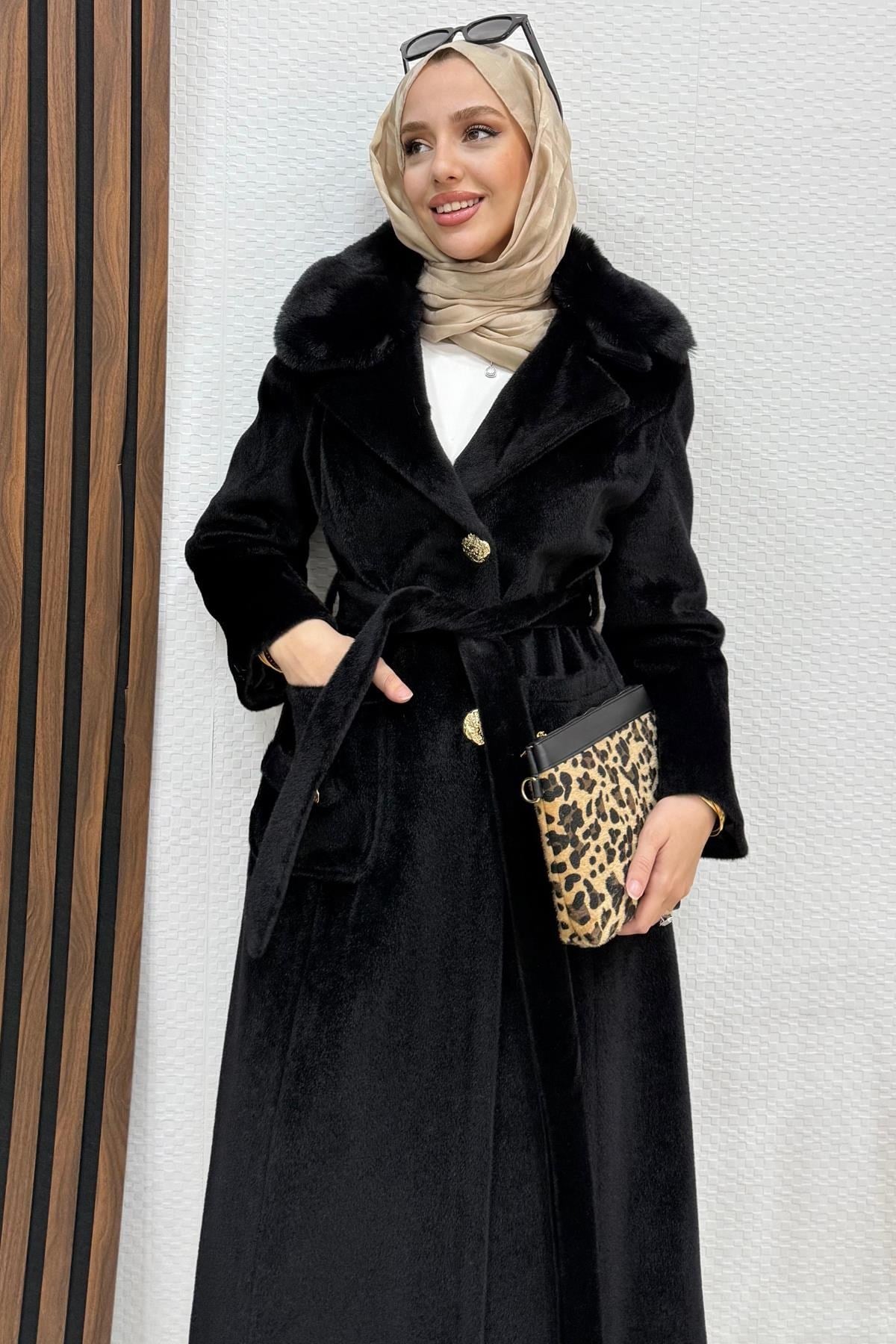 Meleni Kaşe Kaban Siyah