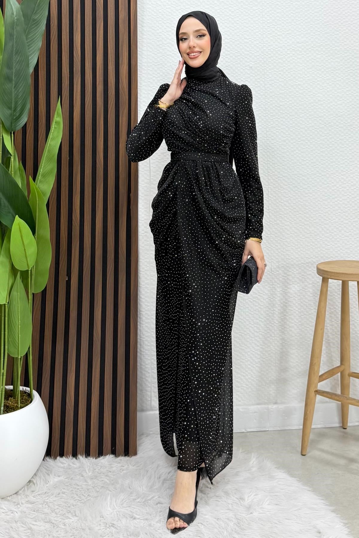 Mihra Taşlı Abiye Siyah