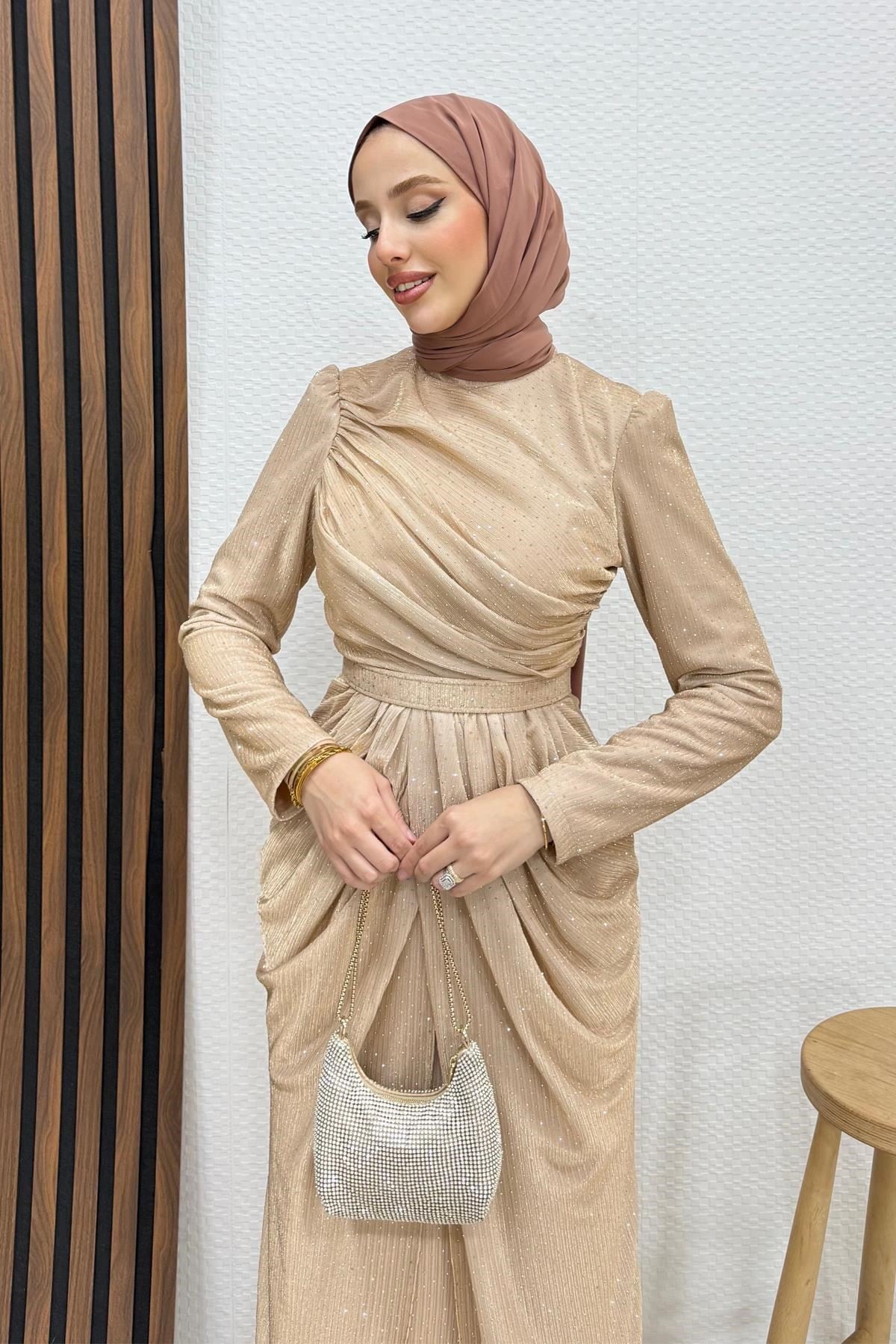 Mihra Taşlı Abiye Sütlükahve