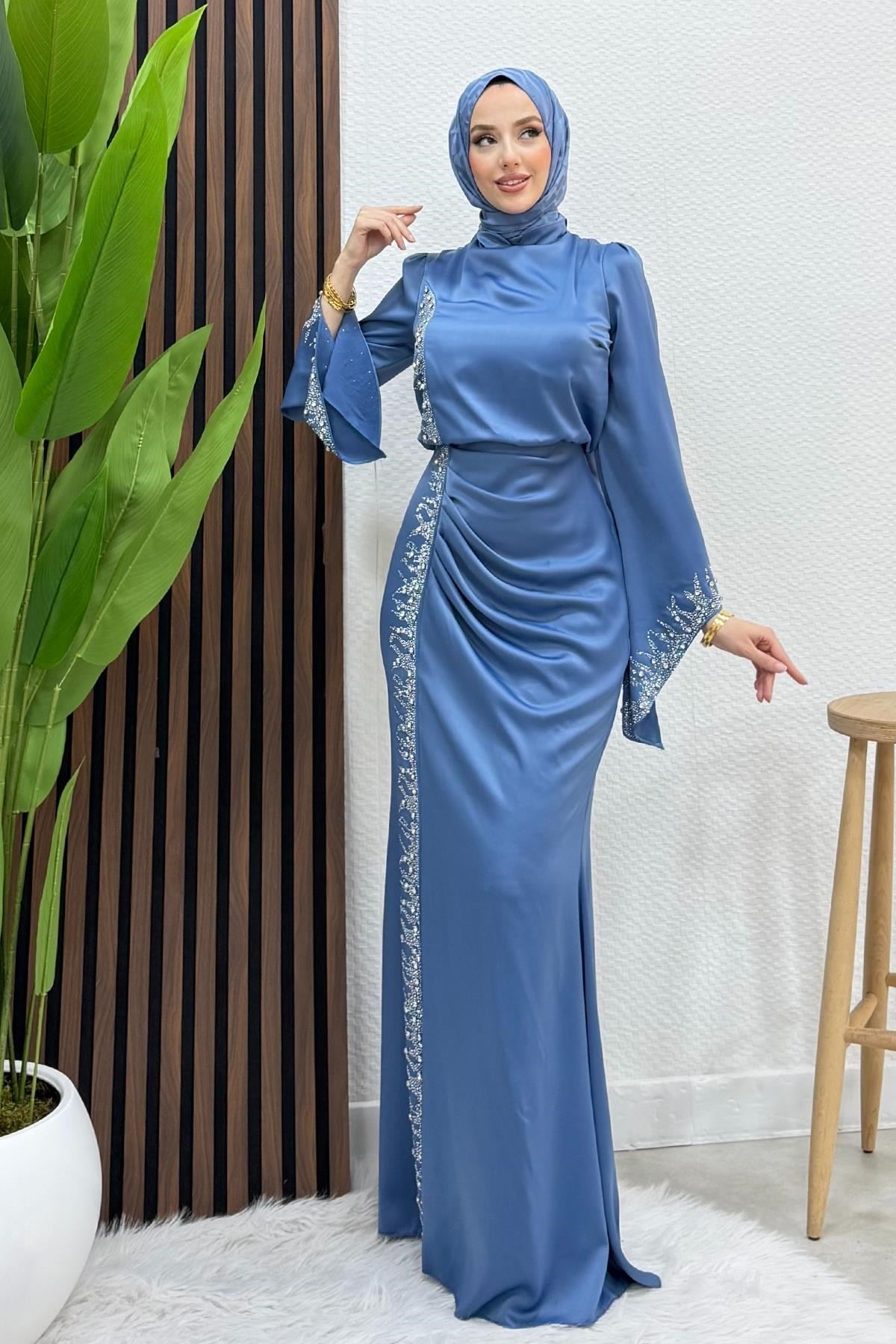 Mihrimah Saten Abiye İndigo