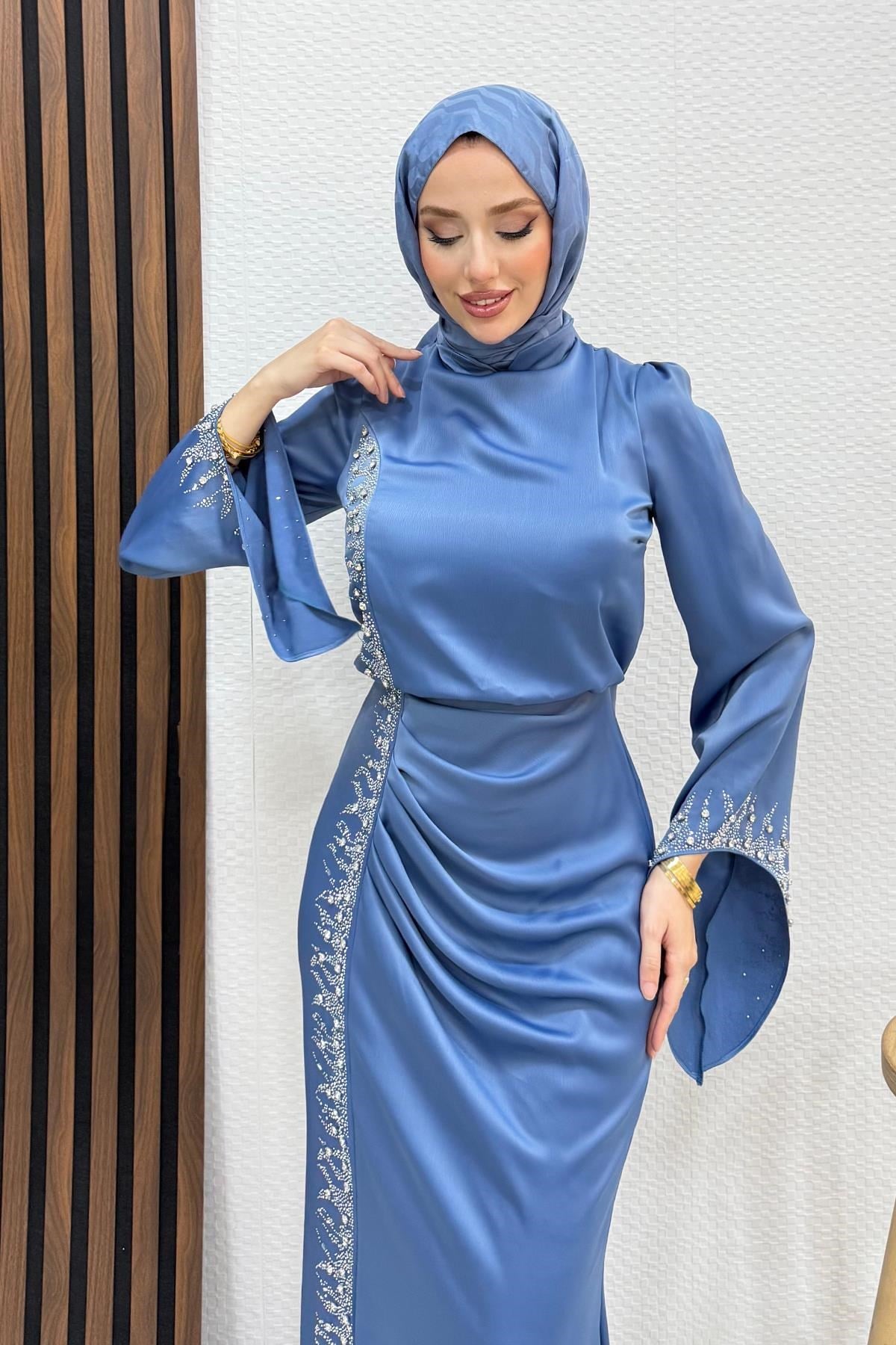 Mihrimah Saten Abiye İndigo