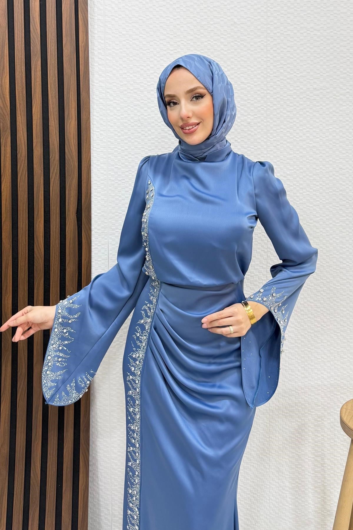 Mihrimah Saten Abiye İndigo