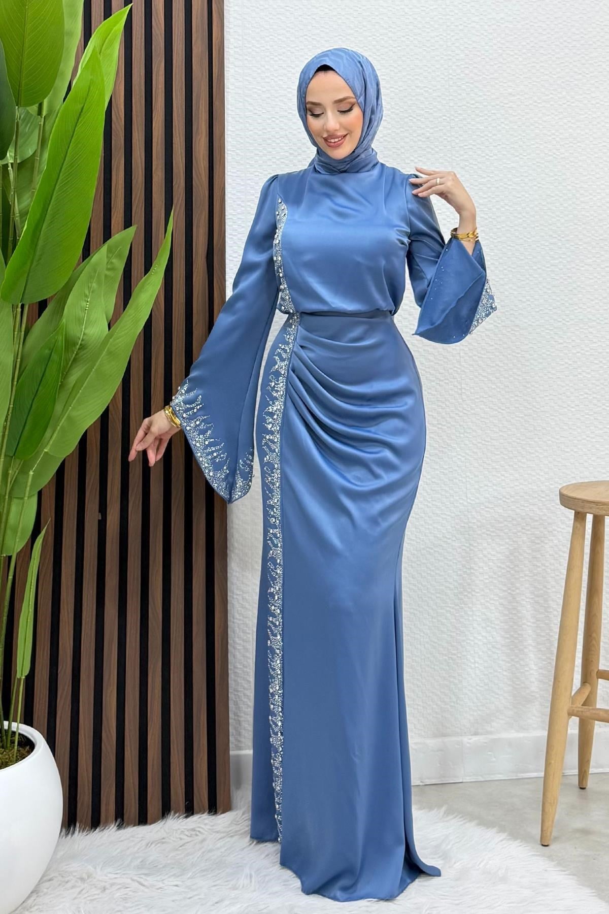 Mihrimah Saten Abiye İndigo