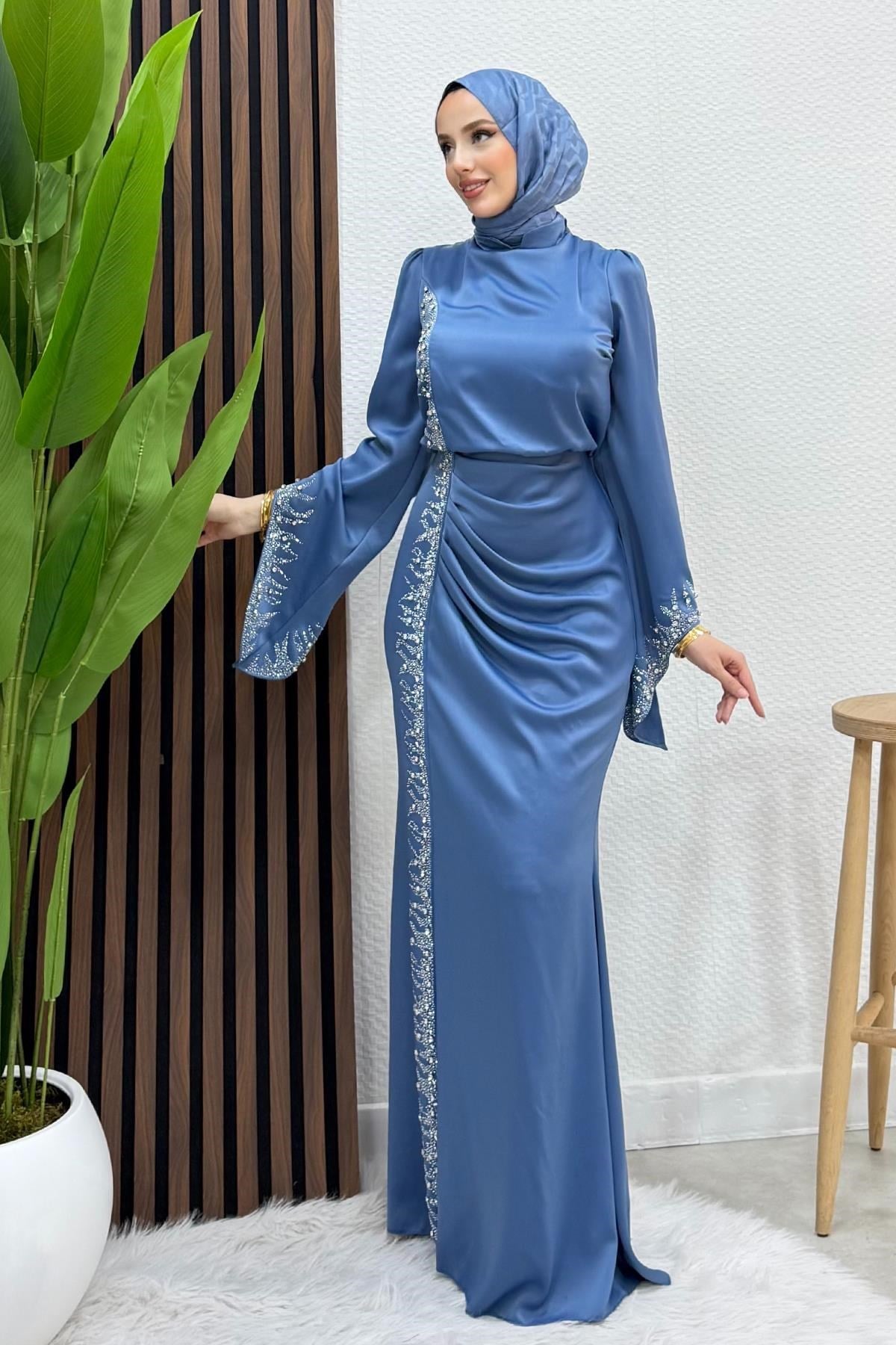 Mihrimah Saten Abiye İndigo
