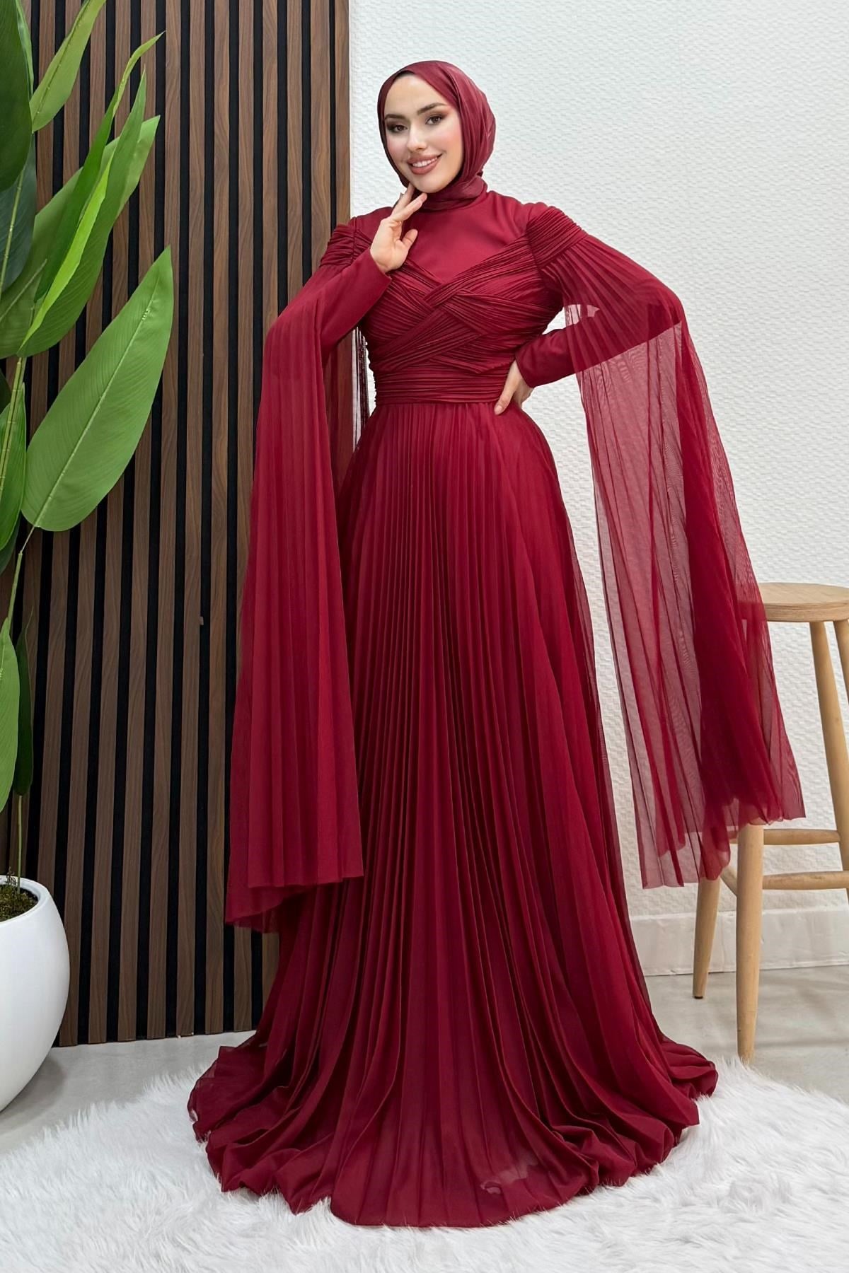 Mimoza Tül Abiye Bordo