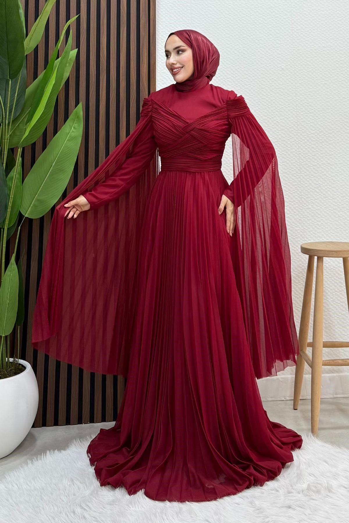 Mimoza Tül Abiye Bordo