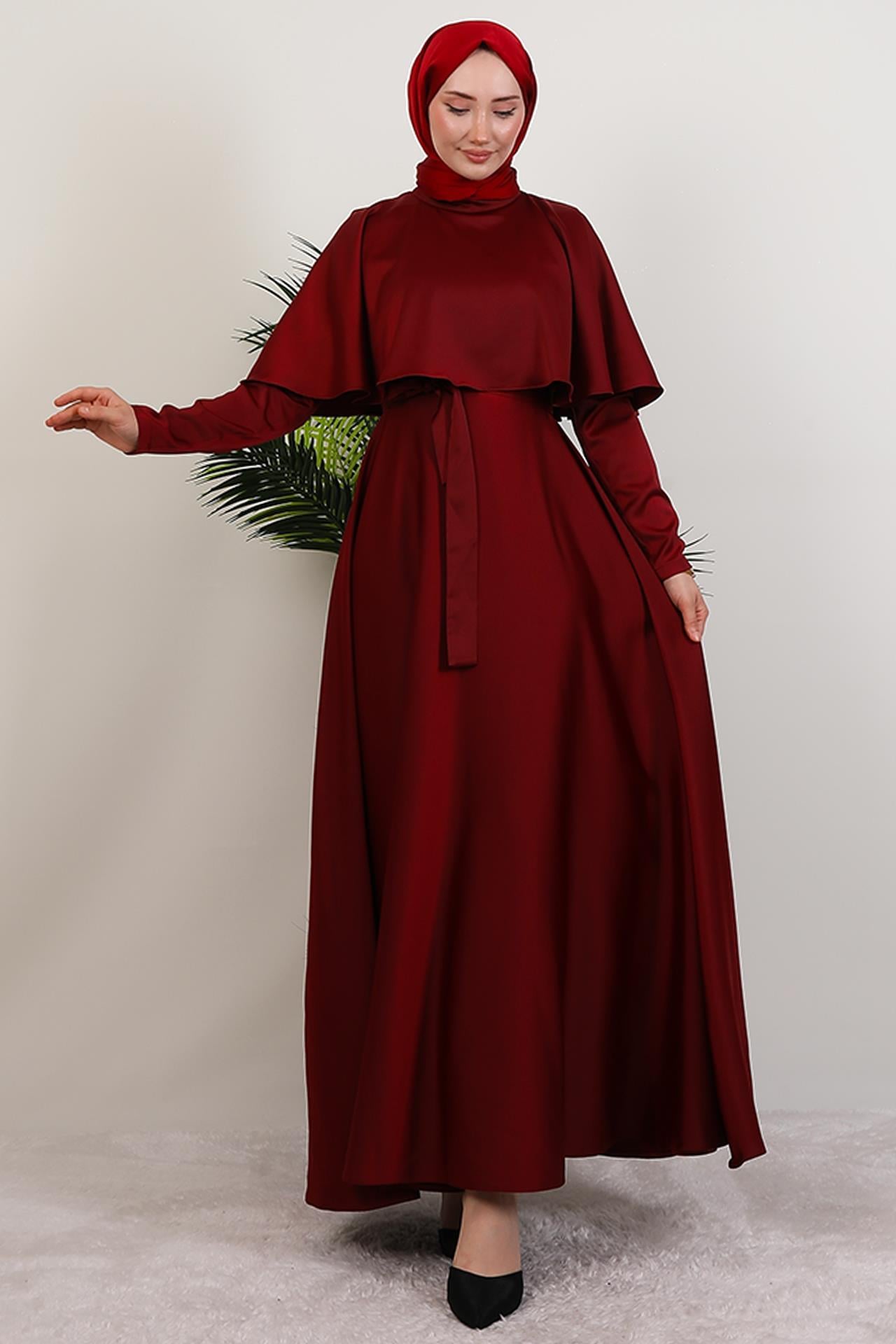 Mona Pelerinli Elbise Bordo