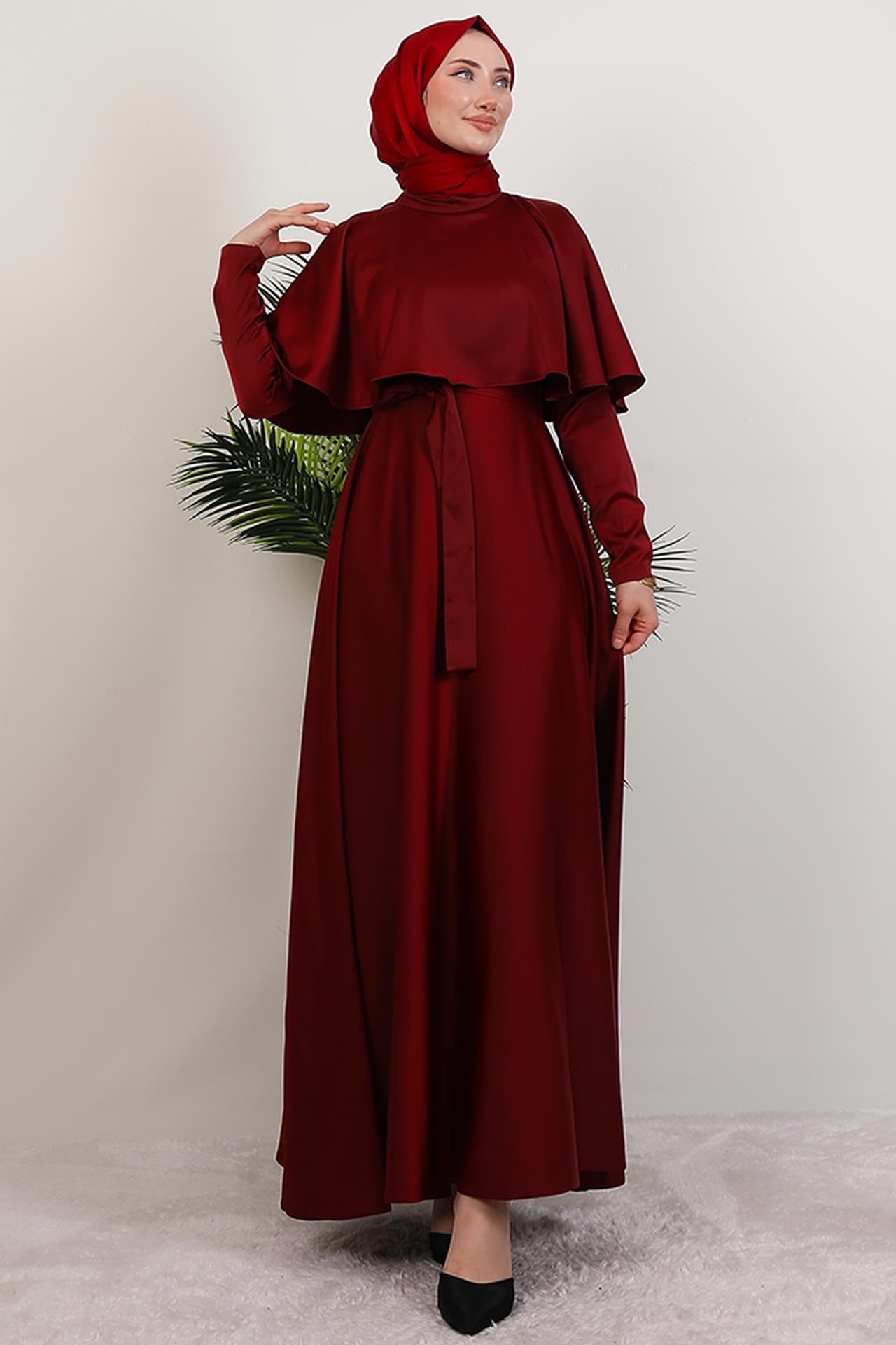 Mona Pelerinli Elbise Bordo