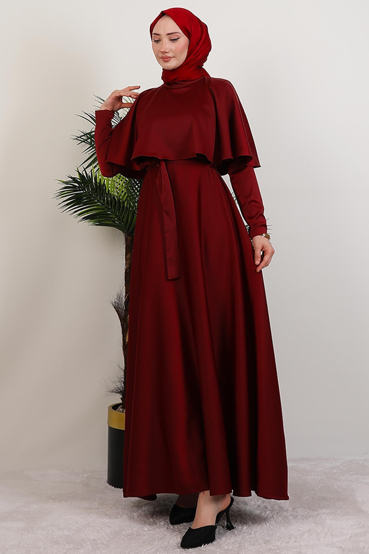 Mona Pelerinli Elbise Bordo