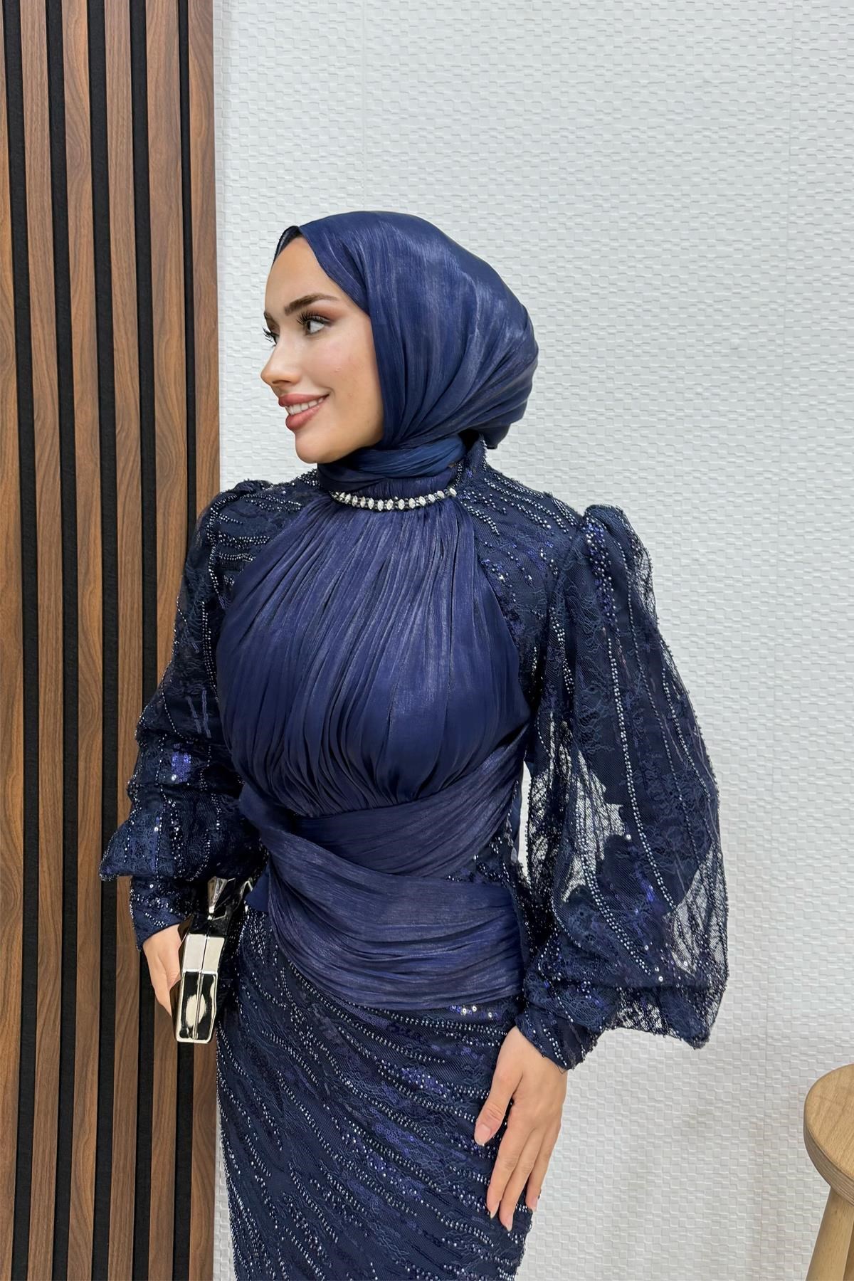 Nazan Yoryo Detay Abiye Lacivert