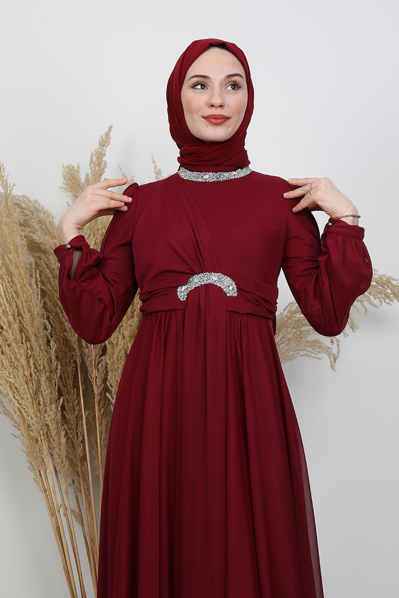 Nefes Taşlı Tül Abiye Bordo