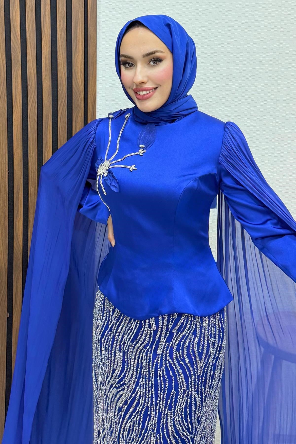 Nida Pelerinli Abiye Gece Mavi