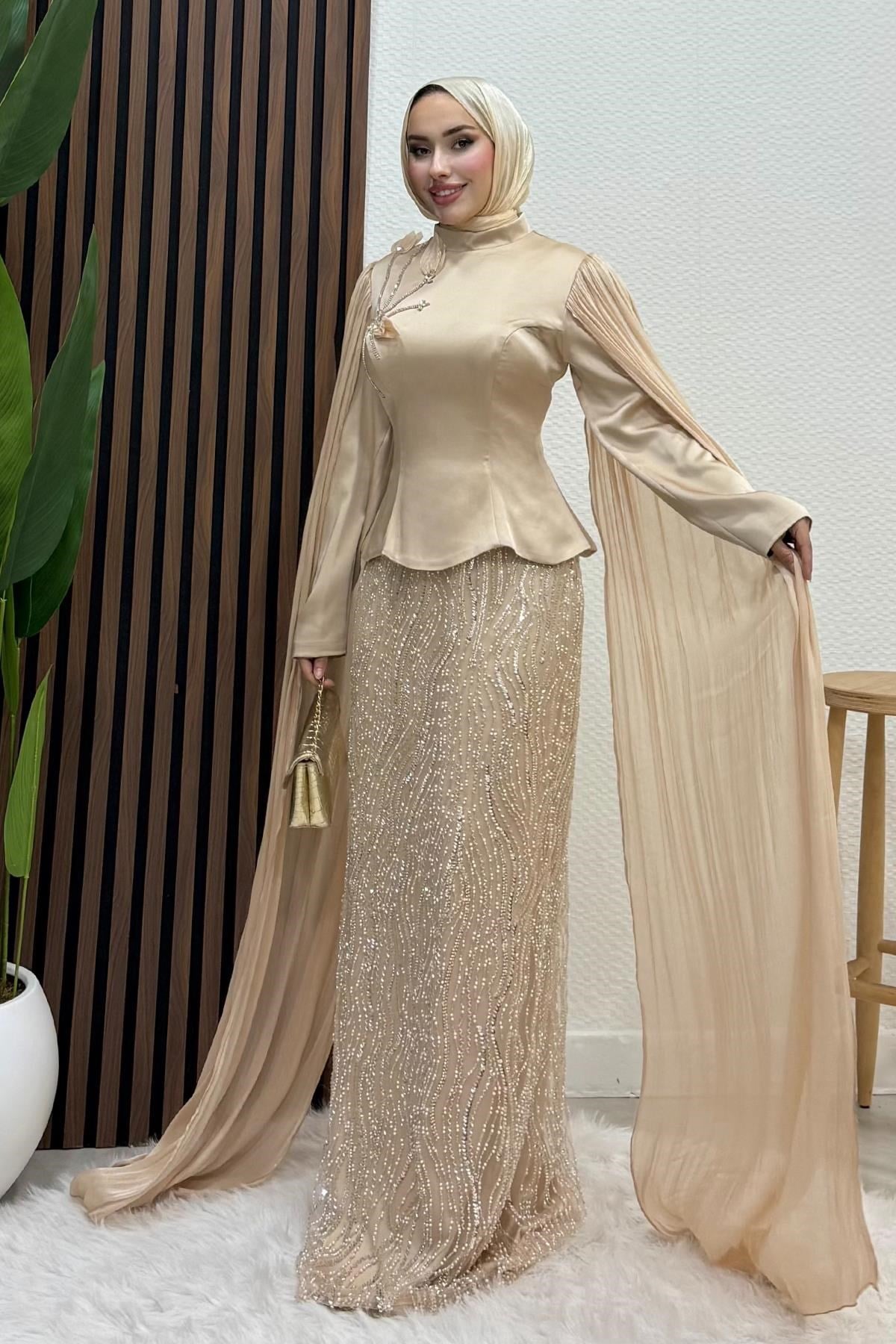 Nida Pelerinli Abiye Gold