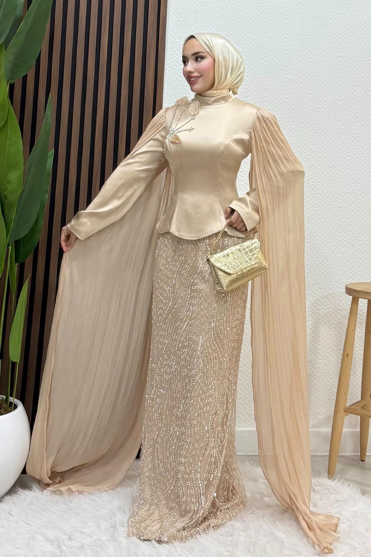 Nida Pelerinli Abiye Gold