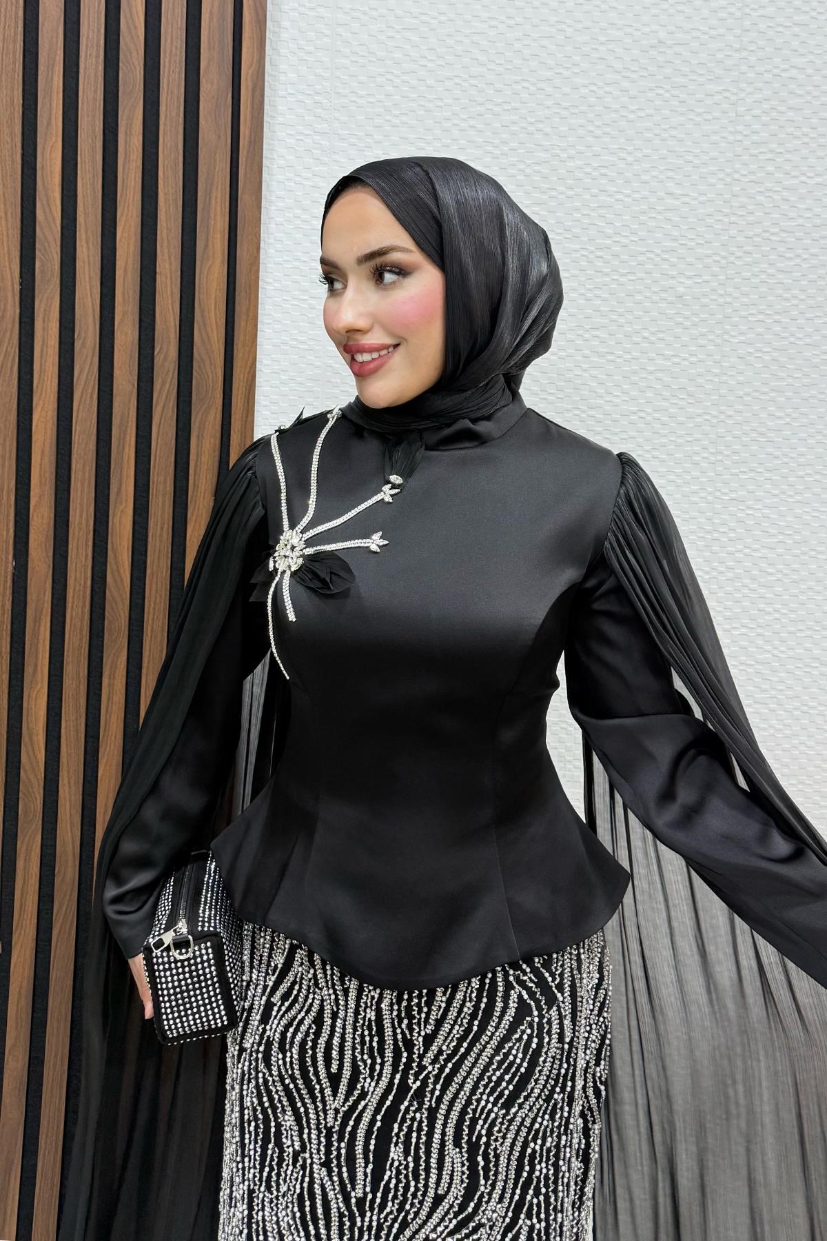 Nida Pelerinli Abiye Siyah