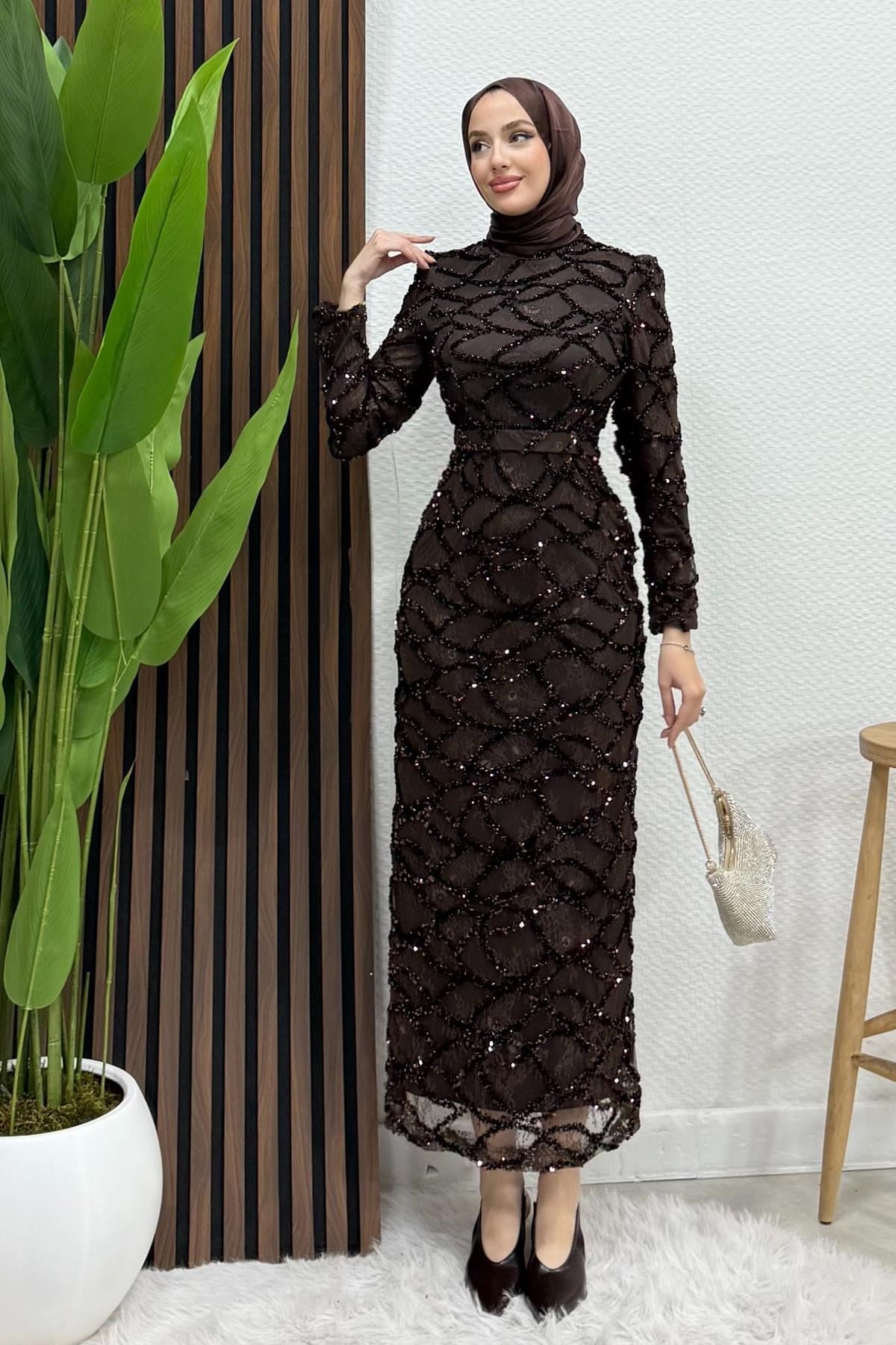Nivana Pullu Tül Abiye Acı Kahve