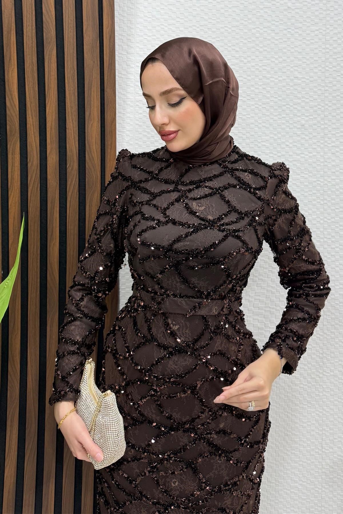 Nivana Pullu Tül Abiye Acı Kahve