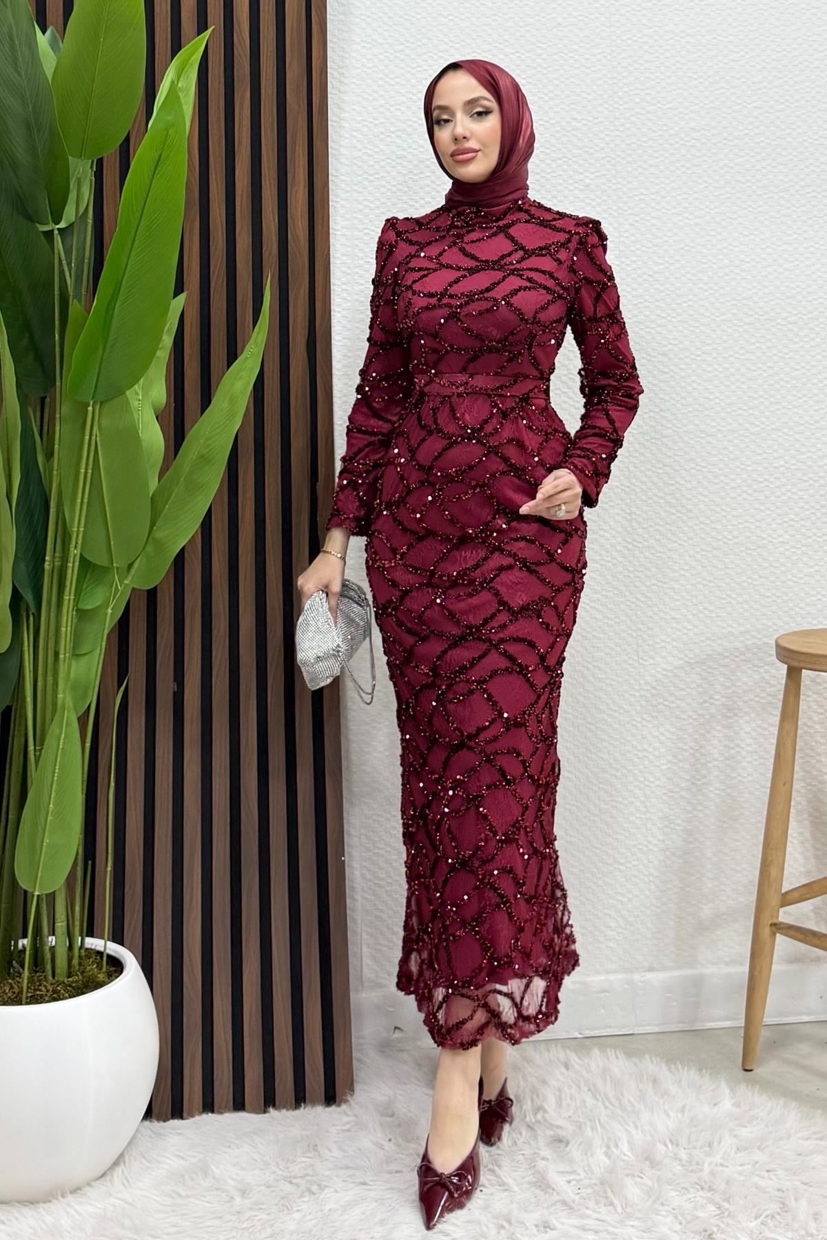 Nivana Pullu Tül Abiye Bordo