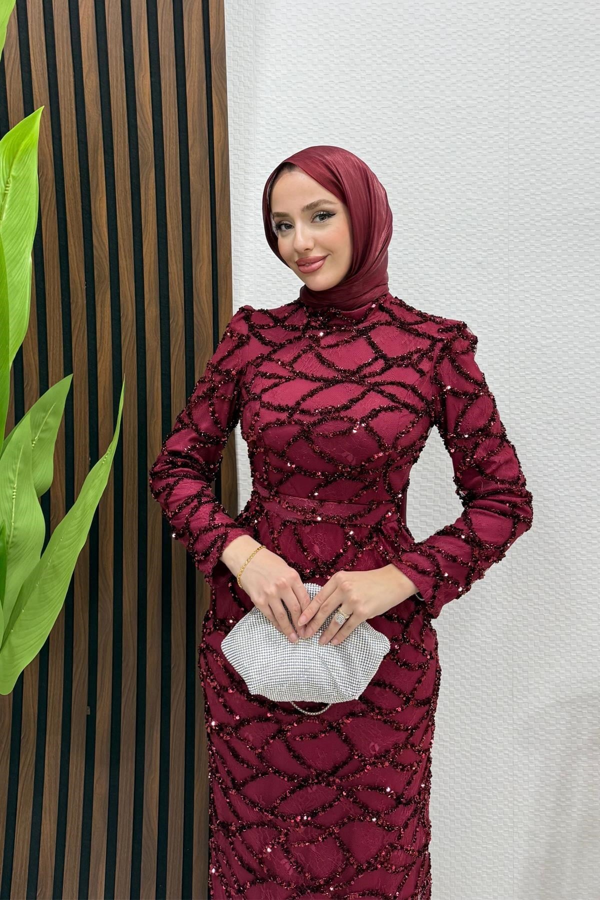 Nivana Pullu Tül Abiye Bordo