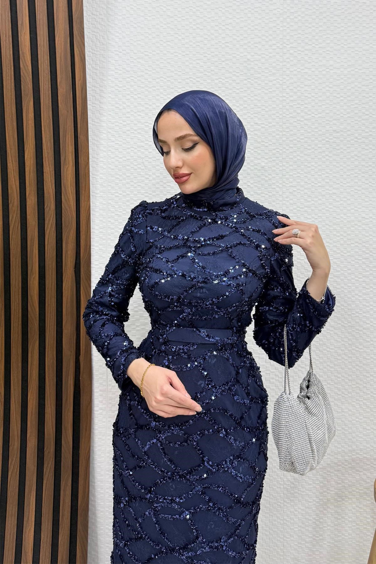 Nivana Pullu Tül Abiye Lacivert