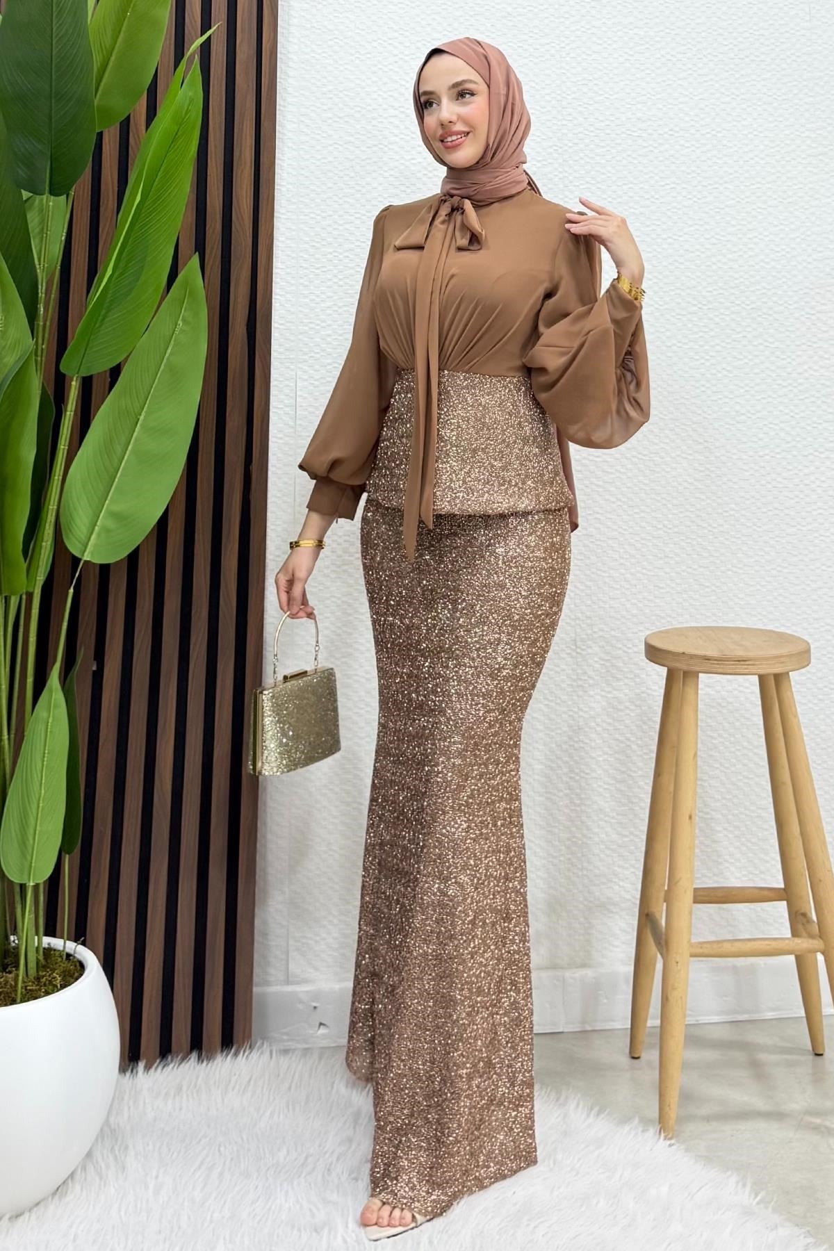 Olya Şifon Detay Abiye Açık Kahve