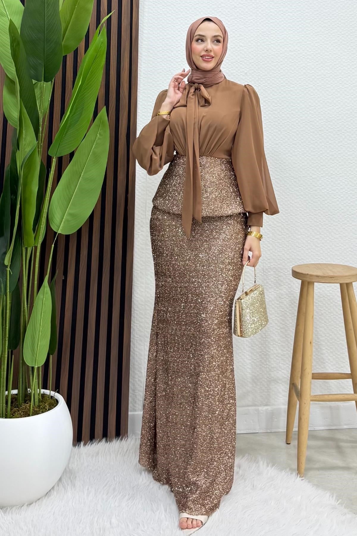 Olya Şifon Detay Abiye Açık Kahve
