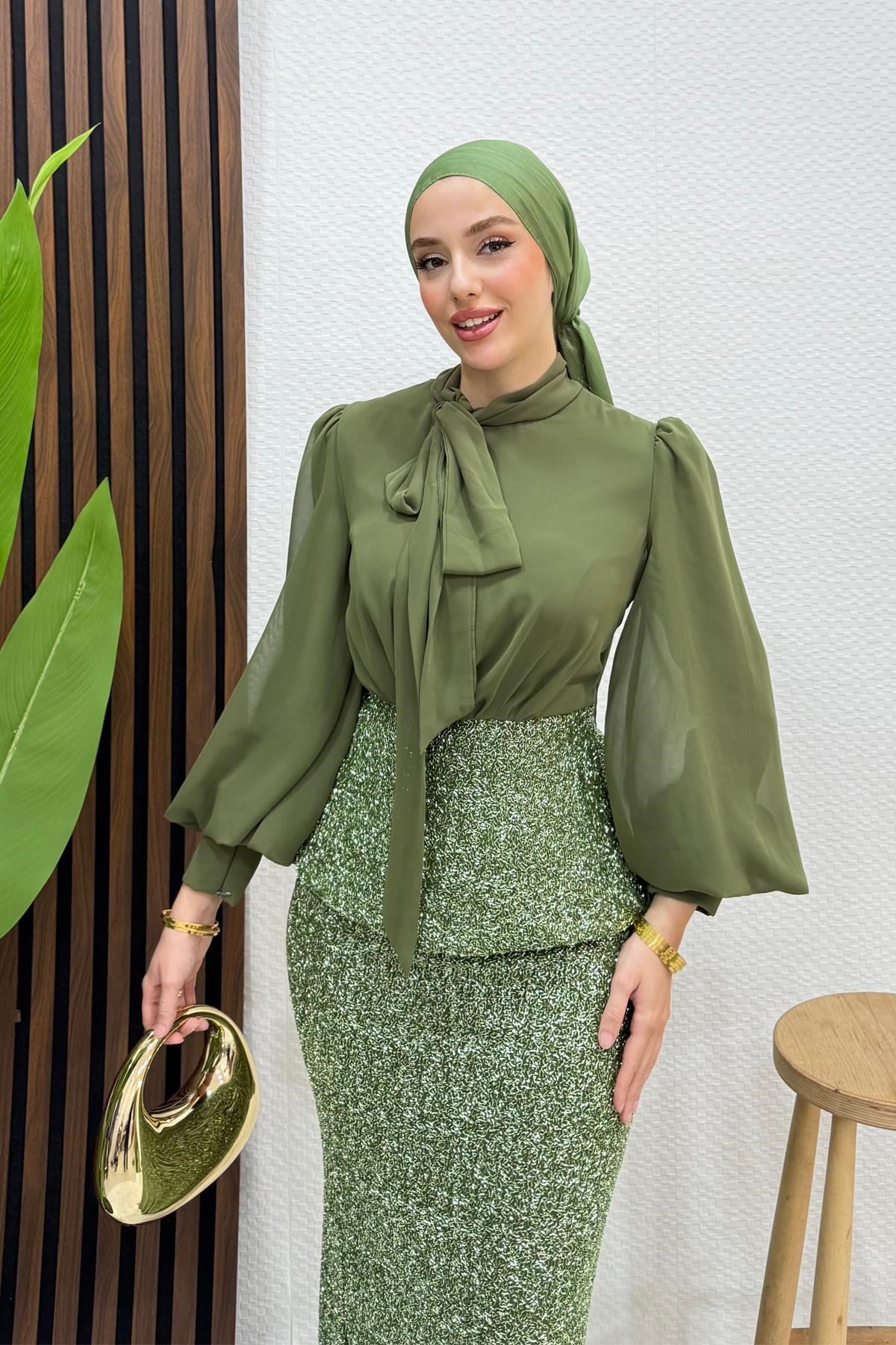 Olya Şifon Detay Abiye Haki