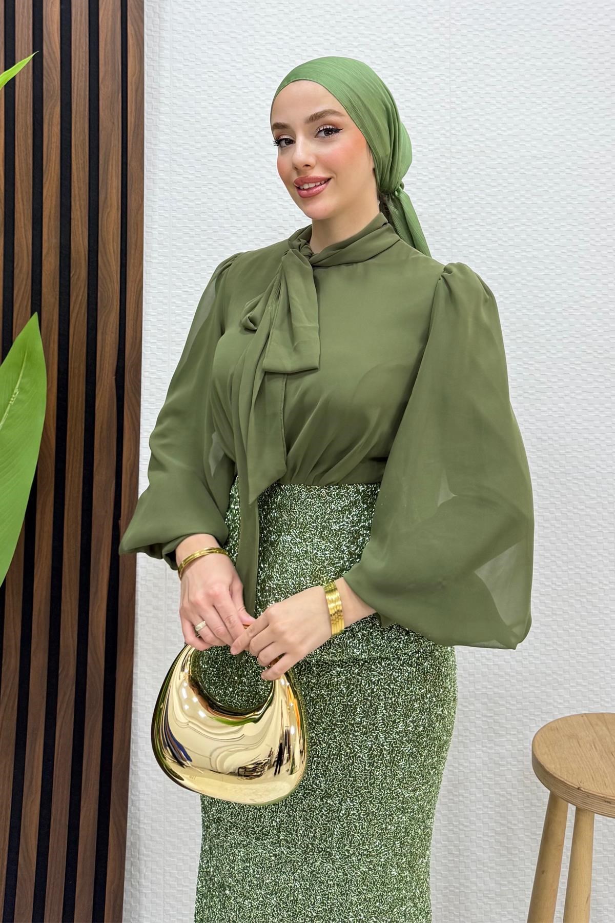 Olya Şifon Detay Abiye Haki