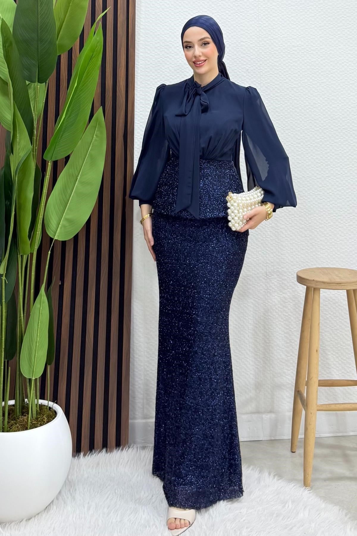 Olya Şifon Detay Abiye Lacivert