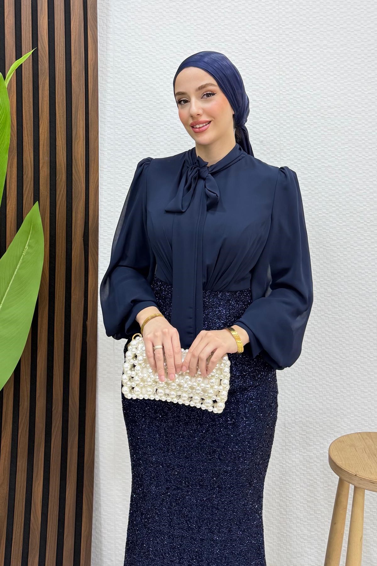 Olya Şifon Detay Abiye Lacivert