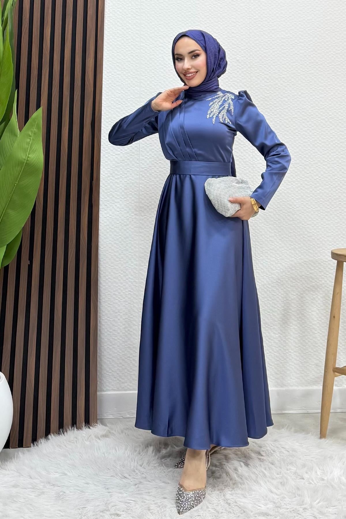 Omzu Taşlı Saten Abiye Koyu İndigo