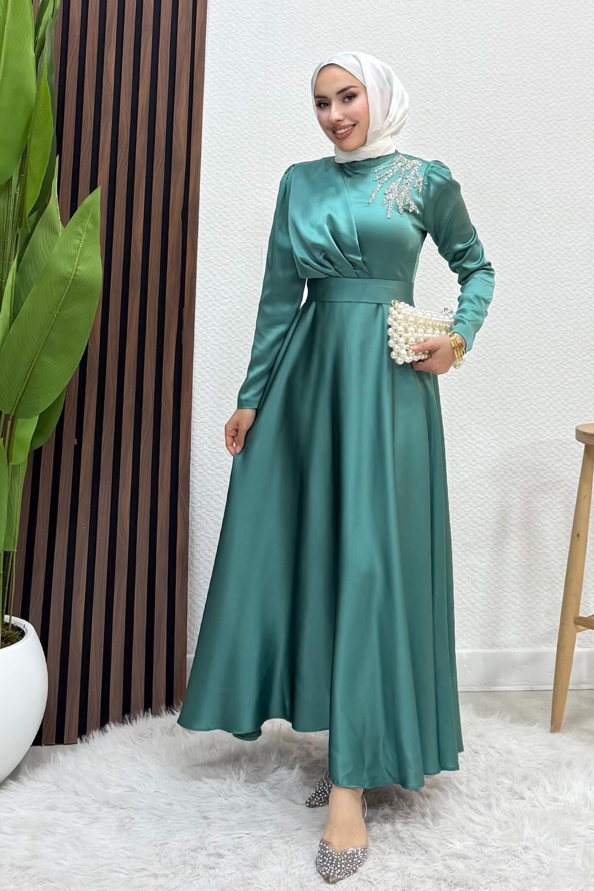 Omzu Taşlı Saten Abiye koyu Mint