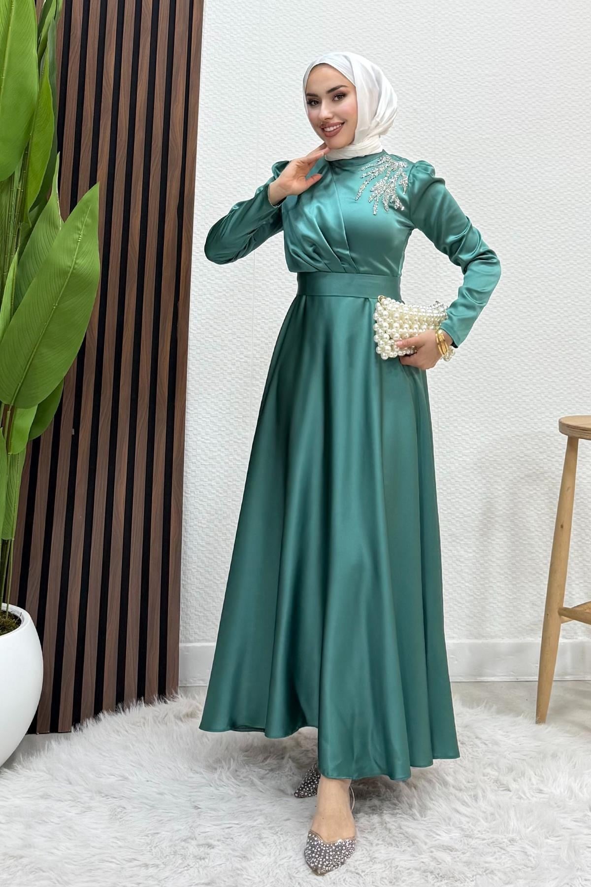 Omzu Taşlı Saten Abiye koyu Mint