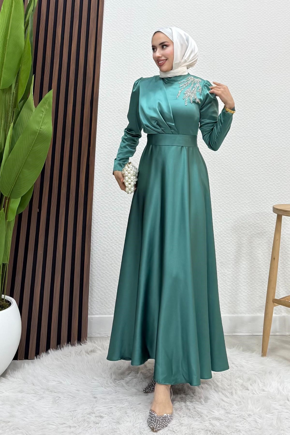 Omzu Taşlı Saten Abiye koyu Mint