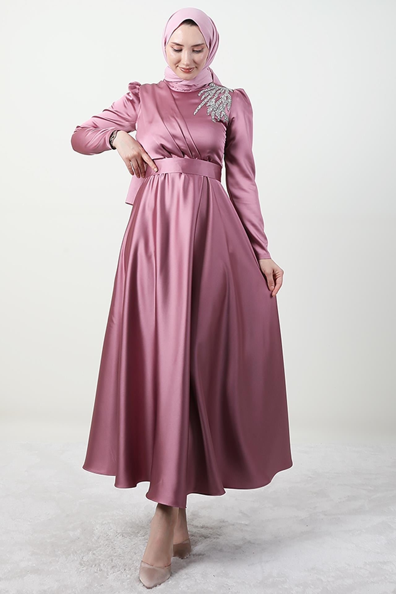 Omzu Taşlı Saten Abiye Koyu Pembe