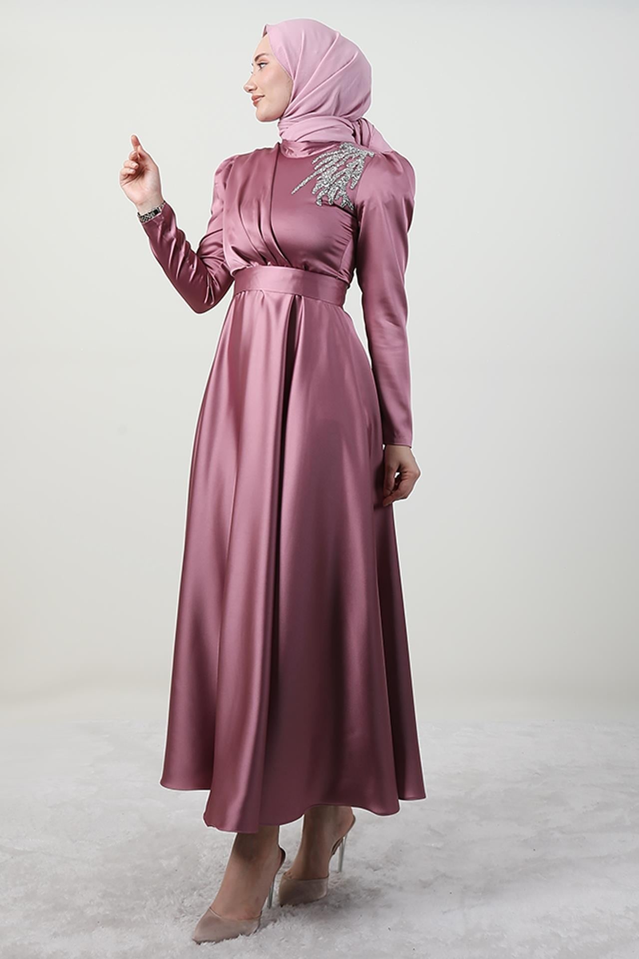 Omzu Taşlı Saten Abiye Koyu Pembe
