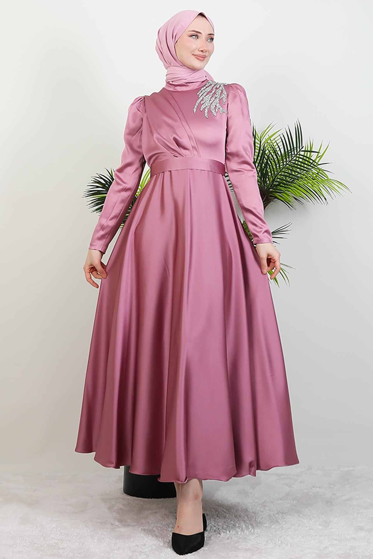 Omzu Taşlı Saten Abiye Koyu Pembe