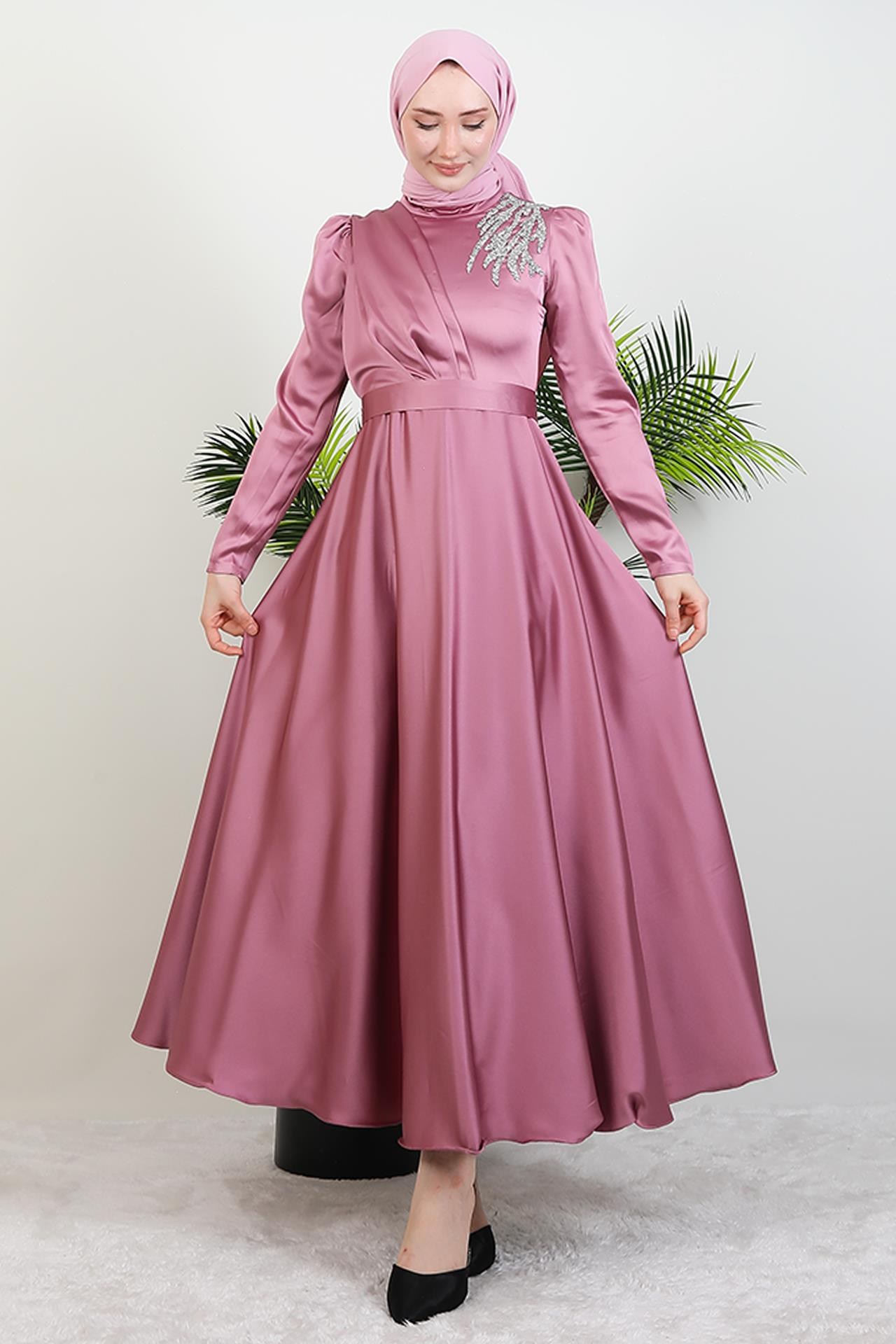 Omzu Taşlı Saten Abiye Koyu Pembe