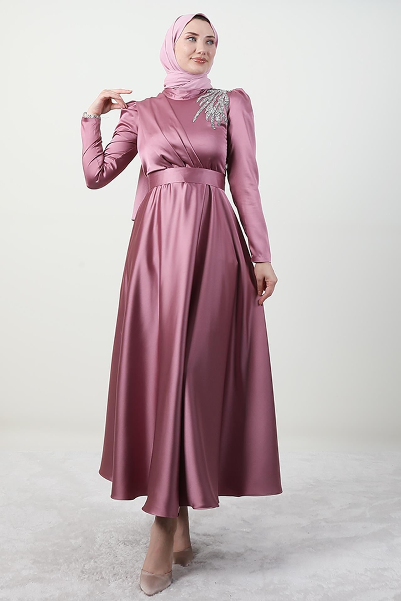 Omzu Taşlı Saten Abiye Koyu Pembe