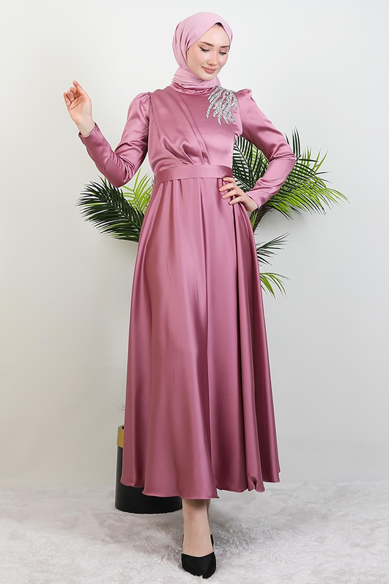 Omzu Taşlı Saten Abiye Koyu Pembe