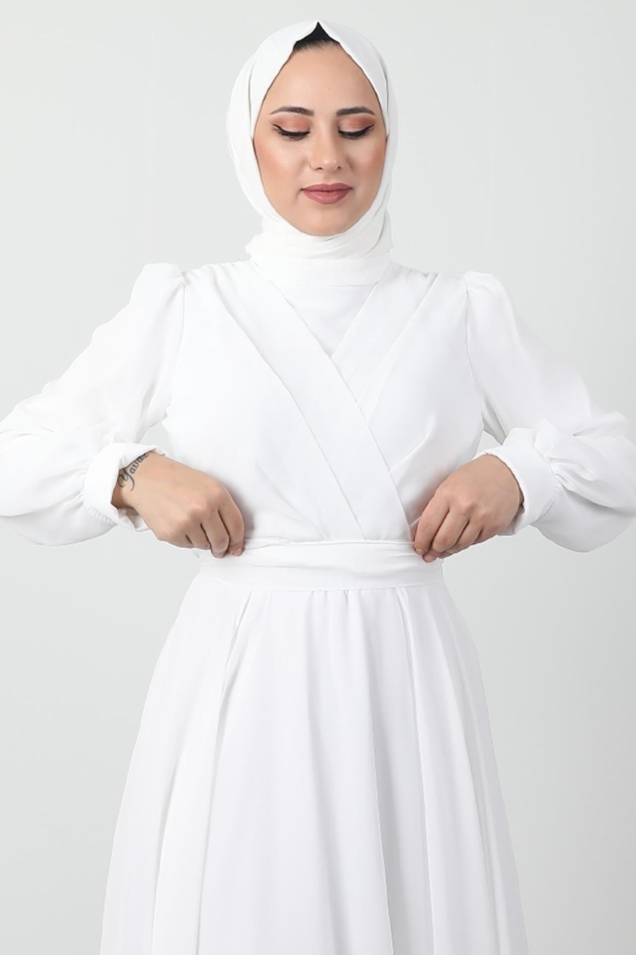 Önü Çapraz Şifon Elbise Beyaz