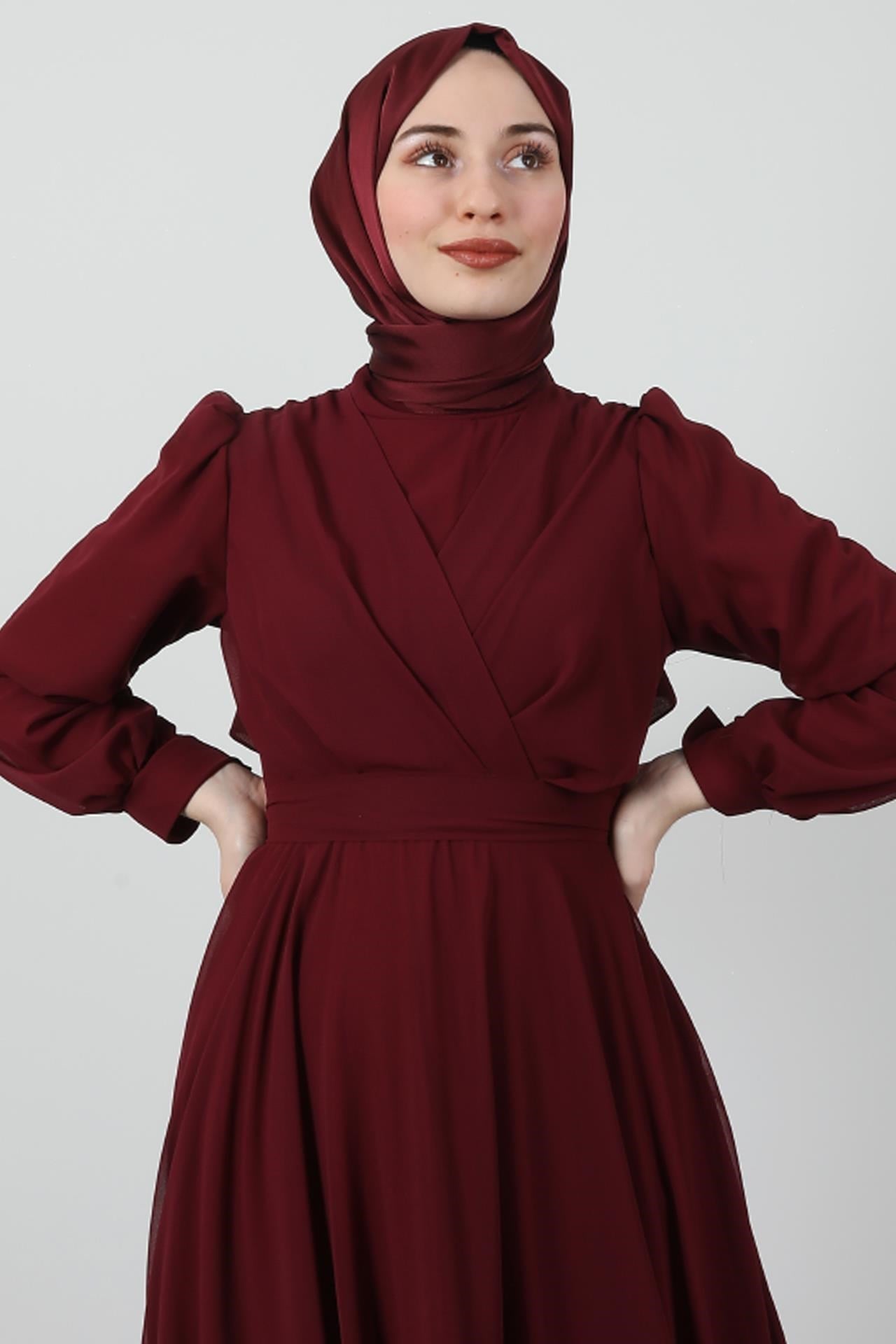 Önü Çapraz Şifon Elbise Bordo