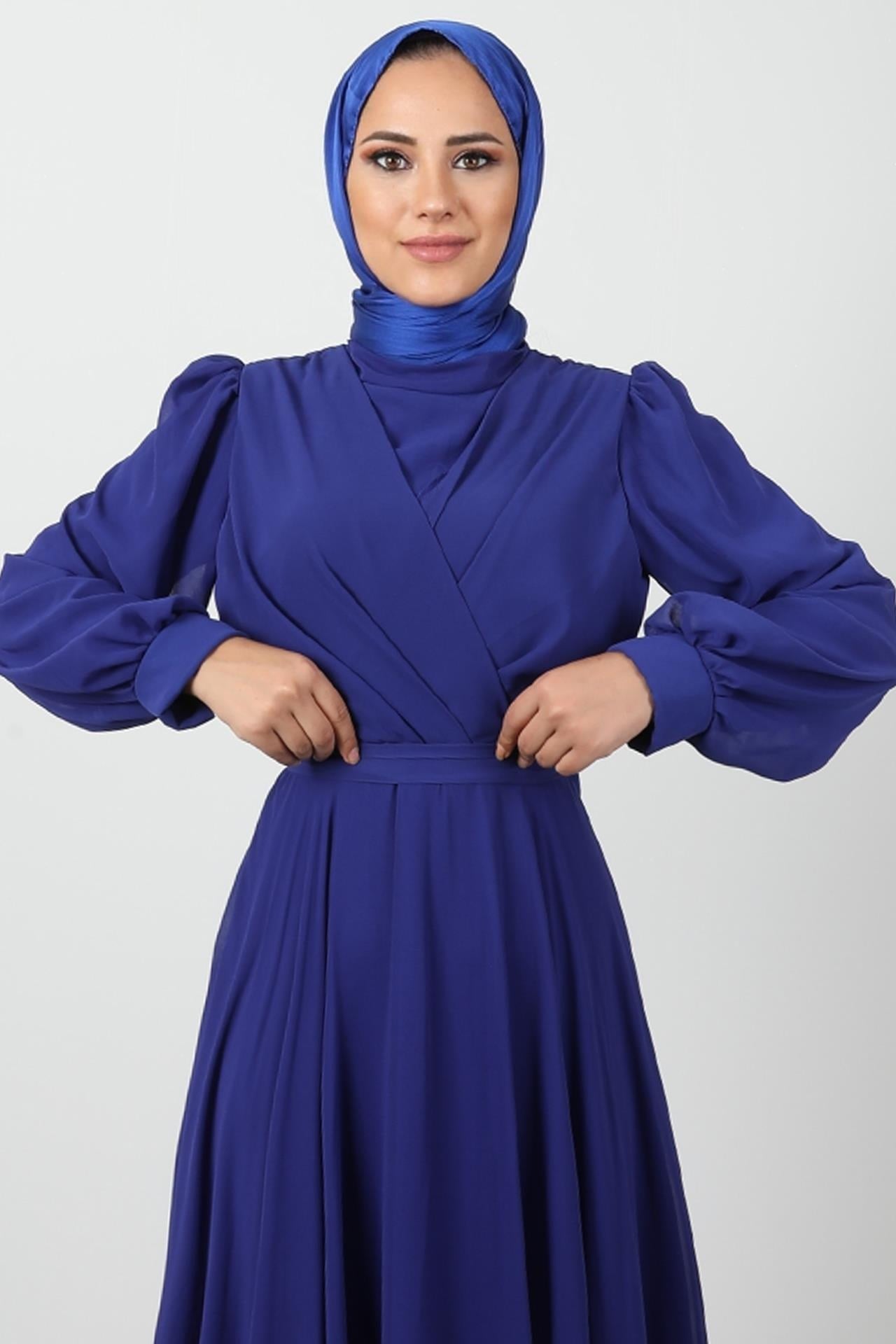 Önü Çapraz Şifon Elbise Gece Mavi