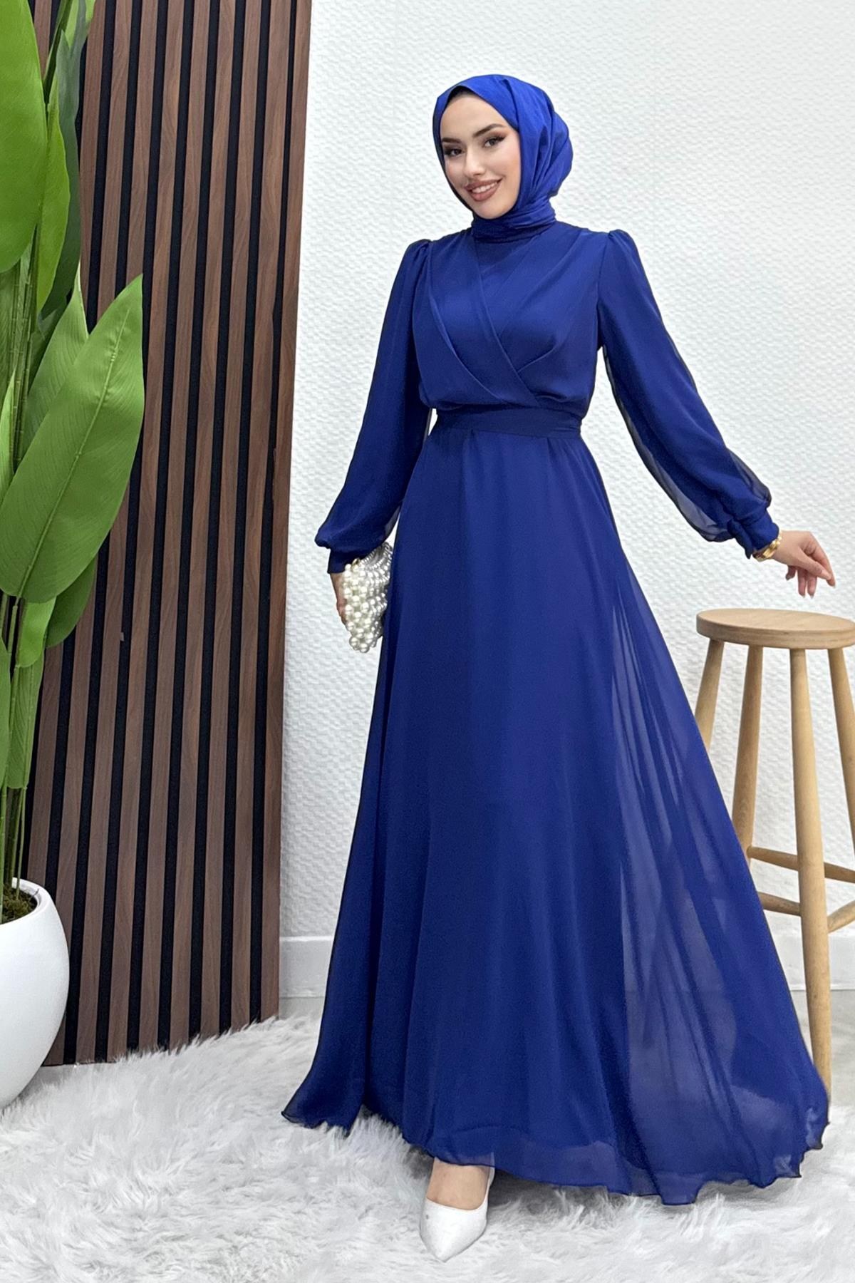 Önü Çapraz Şifon Elbise Gece Mavi