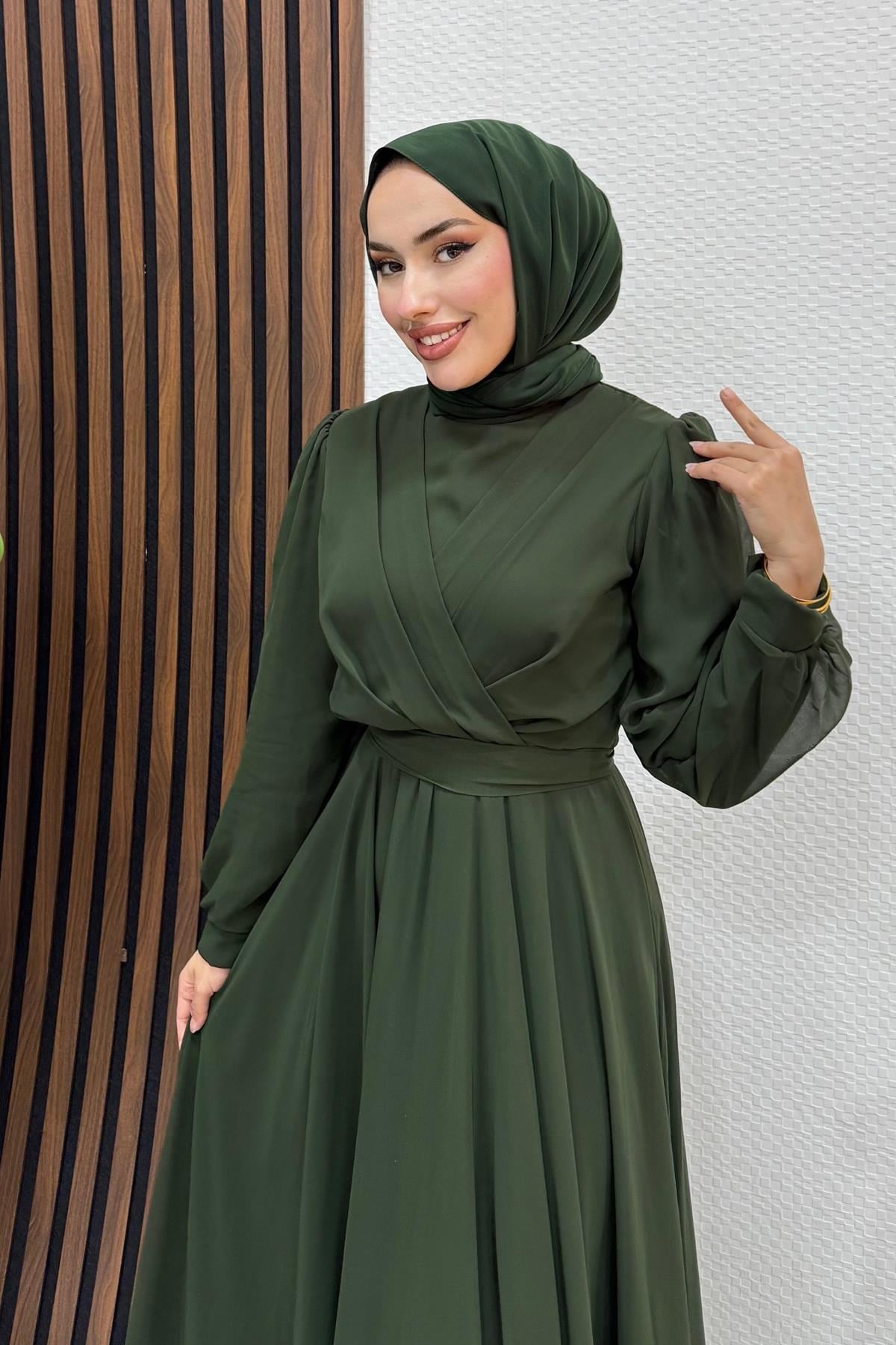 Önü Çapraz Şifon Elbise Haki