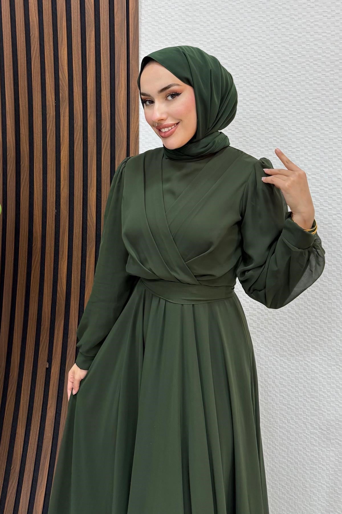 Önü Çapraz Şifon Elbise Haki