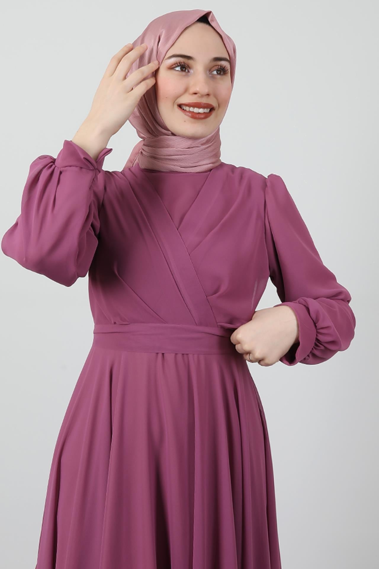 Önü Çapraz Şifon Elbise Pembe