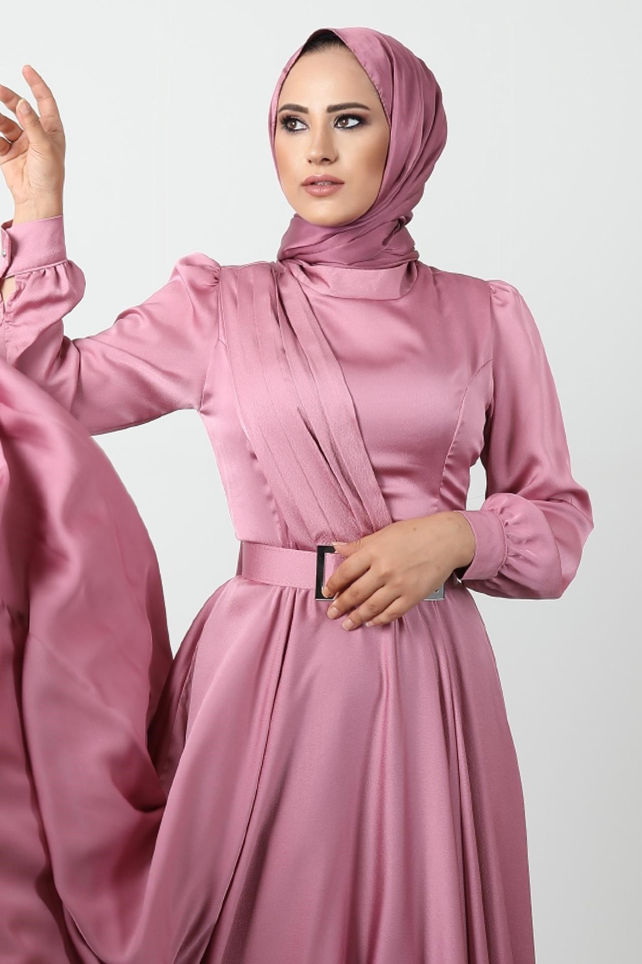 Önü Pileli Tesettür Abiye Pembe