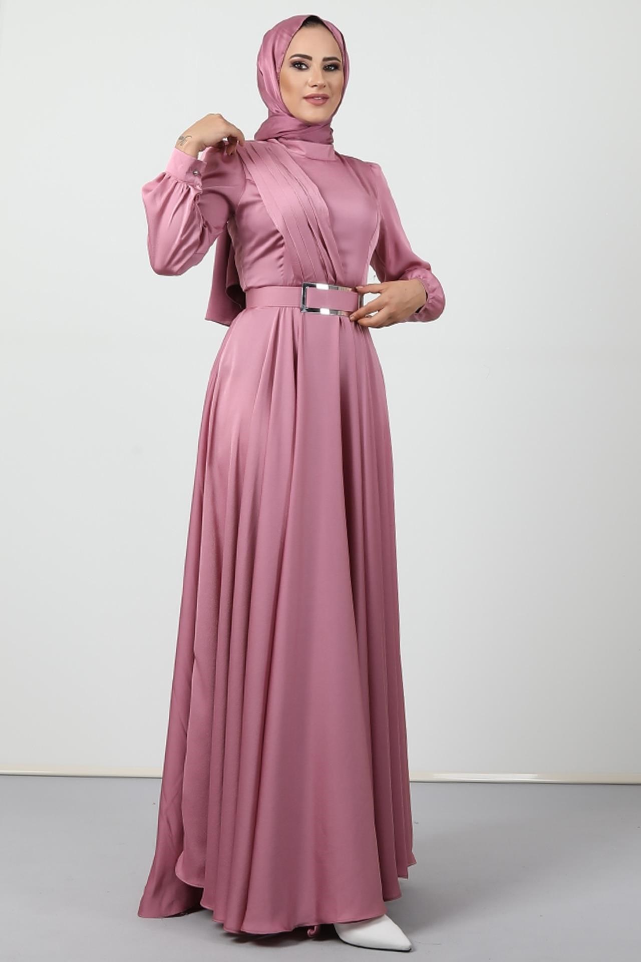 Önü Pileli Tesettür Abiye Pembe